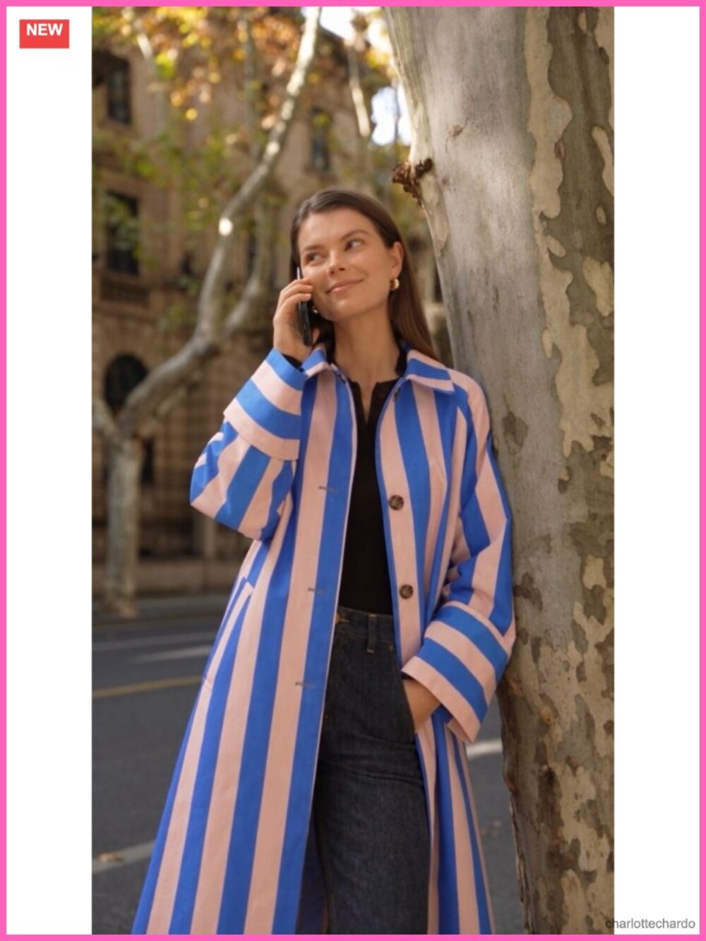 Striped Color Block Long Trench Coat Oversized Button Front Fall Jacket - Picture 6 of 6